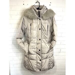 1 Madison Luxe Outerwear Womens M Faux Fur Hood Maxi Coat Parka Down Puffer Gray